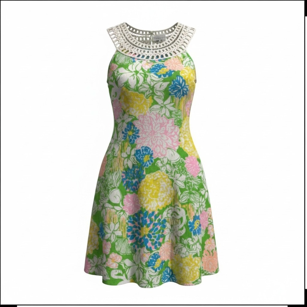 Lilly Pulitzer Dress Women XS Green Floral Crochet Neck Sleeveless Shift Mini